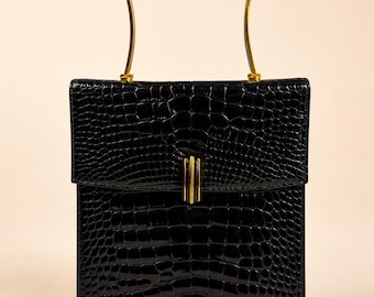 1950s 1960s Black Croc Embossed Patent Leather Handbag Gold Handle Randle Original Structured Purse