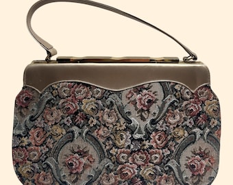Sac à main vintage en tapisserie florale des années 50 et 60 avec bordure en cuir taupe et cadre doré