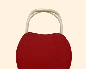 Bolso vintage de lona roja de los años 60 con asas de marfil, estilo MM Mid Century
