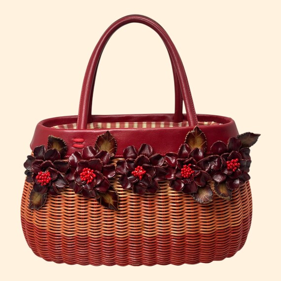 バッグ Isabella Fiore vintage bag archive y2k 1950s 1960s Isabella Fiore Vintage Red Leather Wicker Handbag