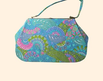 Borsa a mano anni '60 con stampa psichedelica, blu, rosa e verde, stile mod, borsa in tessuto retrò
