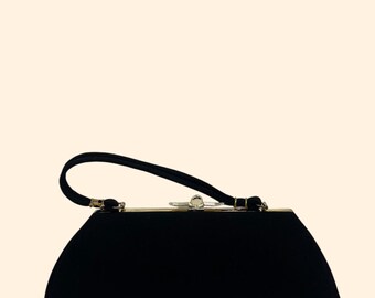 Bolso de noche vintage Spilene de satén negro, años 50 y 60, con marco dorado
