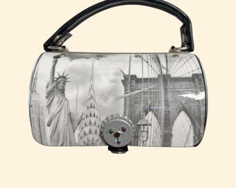 New York City Barrel Handtas Vrijheidsbeeld Brooklyn Bridge Handvat Nieuw Portemonnee Zwart Wit