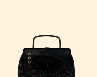 Borsa a mano vintage Garay in pelle verniciata nera, anni '60, con manico superiore e struttura strutturata