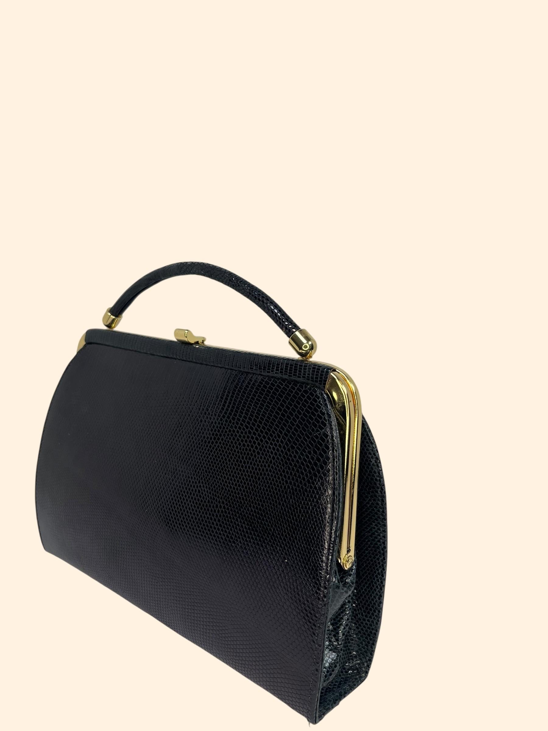【JRA認定美品】S.SAKAMOTO lizard handbag 1960s Vintage Black Genuine Lizard Handbag Made in England Gold