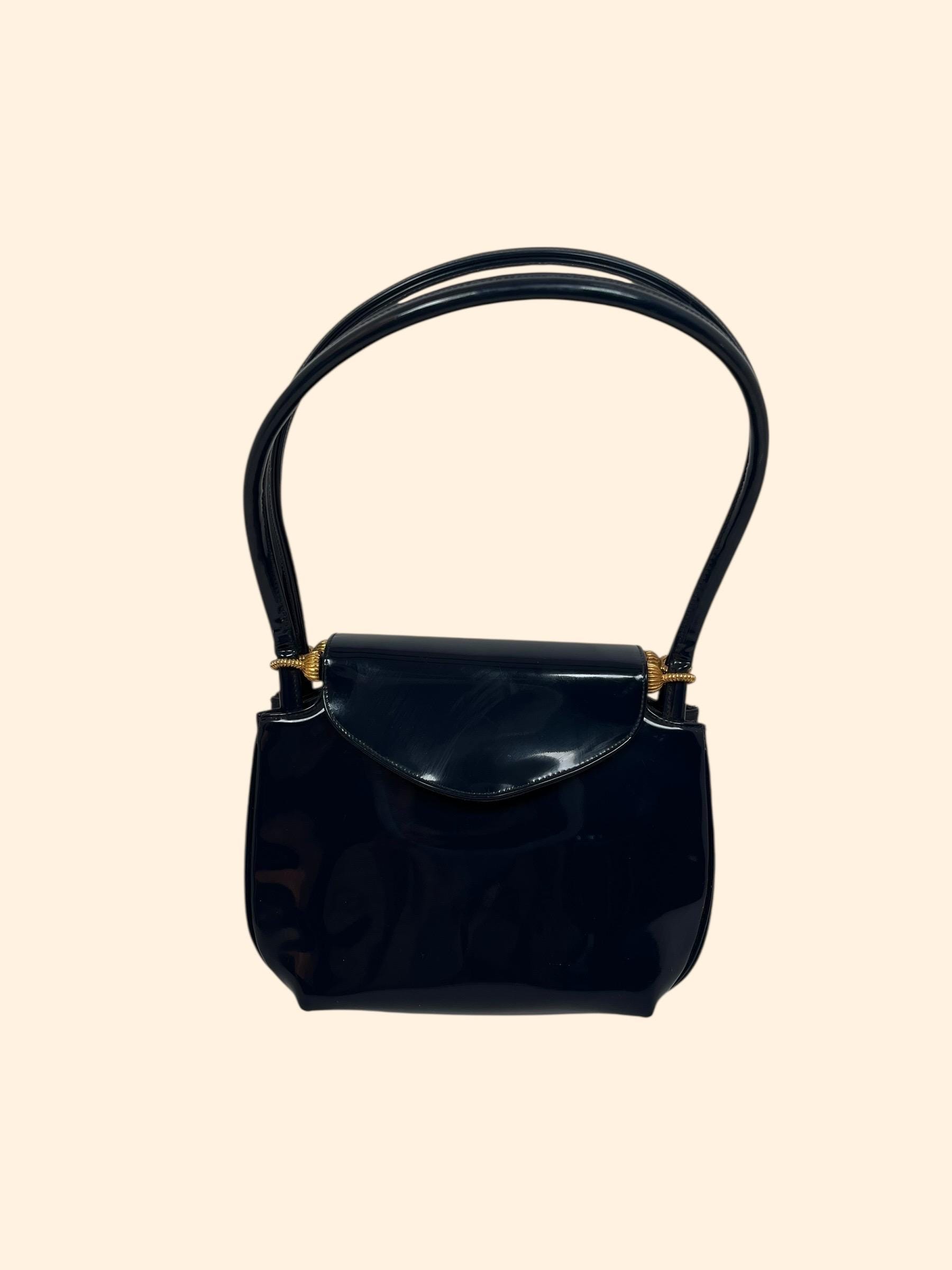 Vintage - dark navy vintage patent leather bag, pebbled Goldpfeil Black Leather Satchel Handbag with Shoulder Strap main image 3
