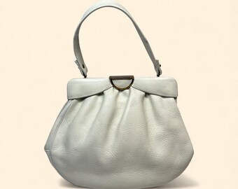 1960s Vintage White Leather Handbag Pleated Frame Bag Navy Interior Mid Century Purse