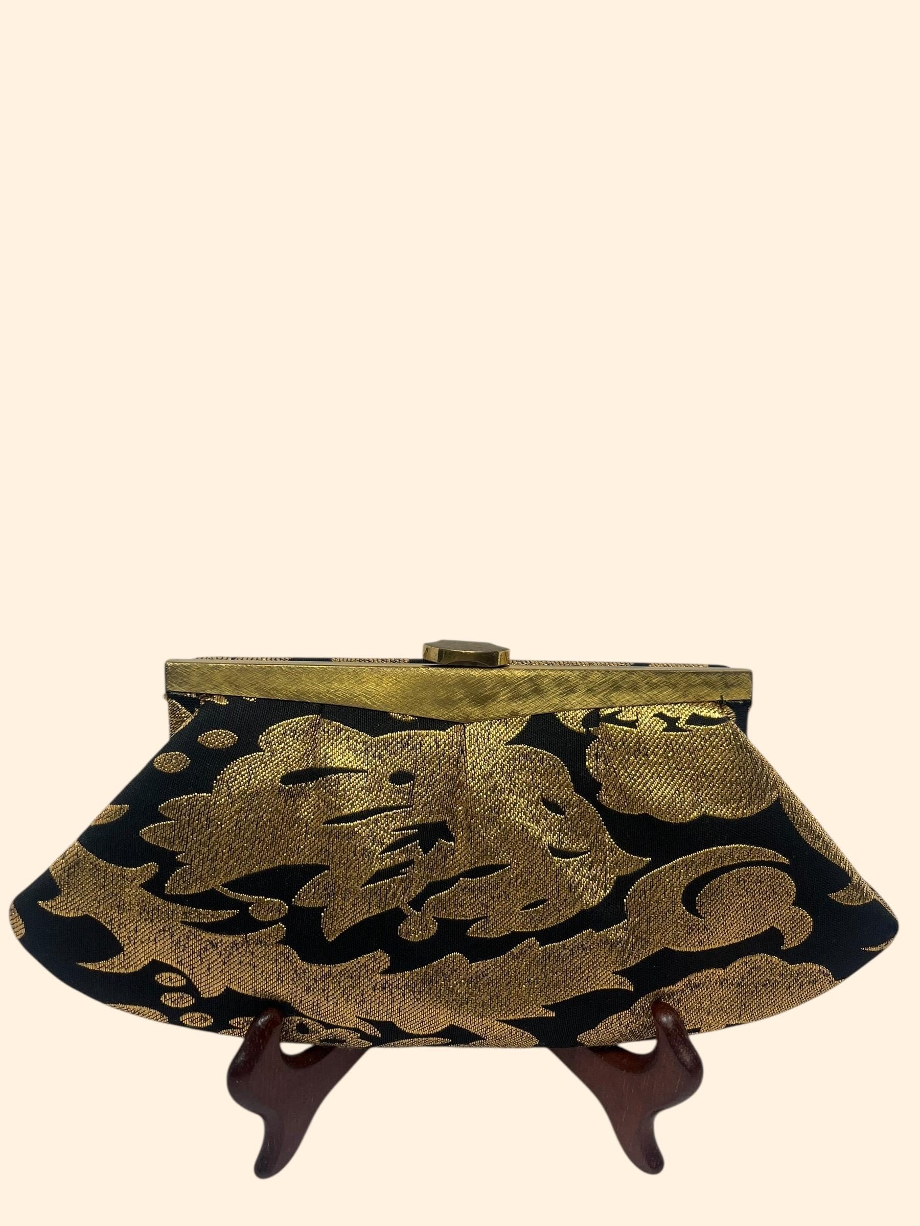 1960s Ingber Vintage Black Gold Brocade Handbag Structured Evening