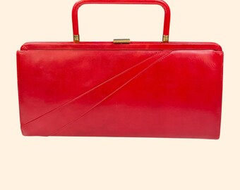 1960s vintage Red Leather Handbag Structured Top Handle Purse Long Box Bag Mod mid century