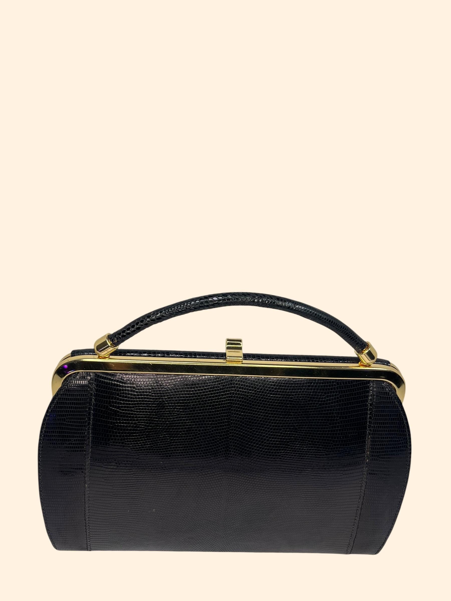 1960s Vintage Black Genuine Lizard Handbag Made in England Gold