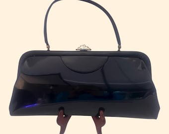 1960s Vintage Black Patent Leather Handbag with Gold Oval Accent Mid Century Purse
