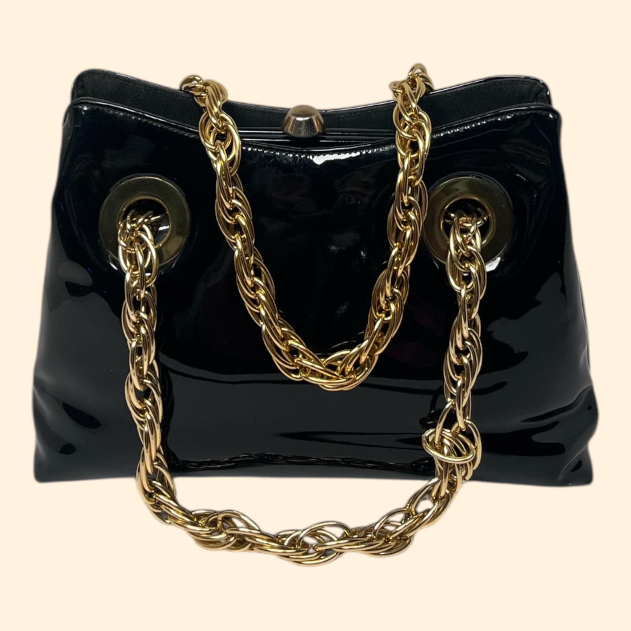 1960s Lewis Vintage Black Patent Handbag With Gold Chain Handles