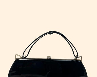 1960s Vintage Black Patent Leather Barrel Handbag Gold Frame Mid Century Purse