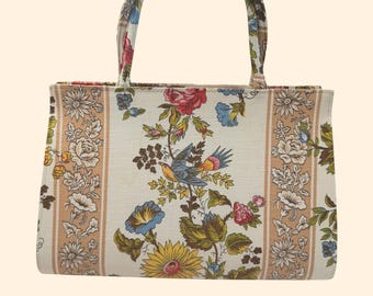 Jaren 60 vintage Margaret Smith Gardnier Maine crème bloemen handtas handtas met vogels