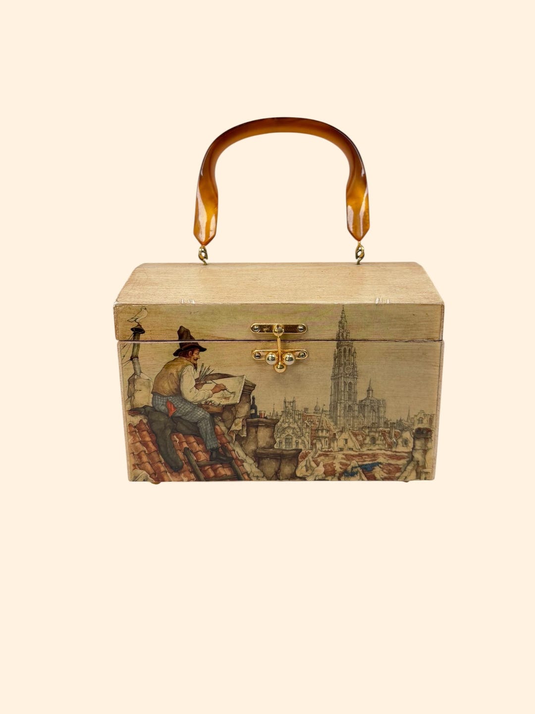 1960s 1970s Wooden Box Purse Decoupage Handbag Lucite Handle