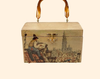 Jaren 60 houten kist portemonnee decoupage handtas Lucite handvat schilderachtige kunst doos tas vintage houten tas ondertekend door Anton Pieck