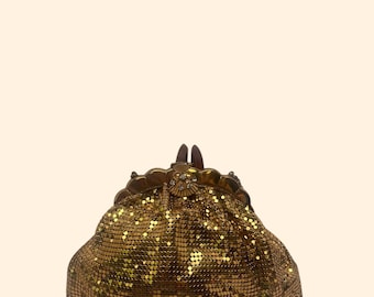1950s 1960s Vintage Gold Metal Mesh Evening Bag Rhinestone Clasp Chain Purse Mid Century