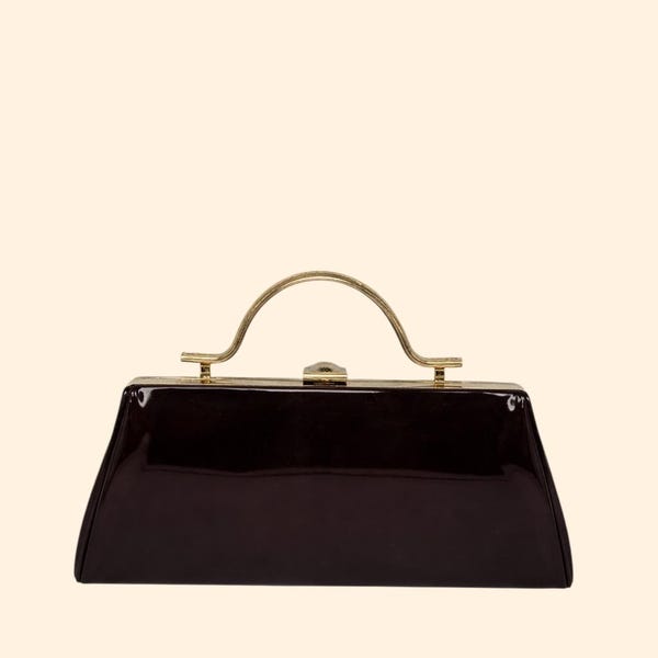 Sac à main en cuir verni marron foncé des années 1960, monture dorée, poignée supérieure