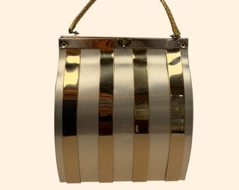 1950s 1960s Gold Metal Panel Evening Bag Structured Top Handle Purse