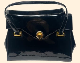 1960s vintage Saks Fifth Avenue Black Patent Leather Handbag top handel