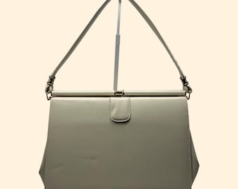 1960s Vintage Cream Handbag, Gold Hardware, Mid Century Purse top handel