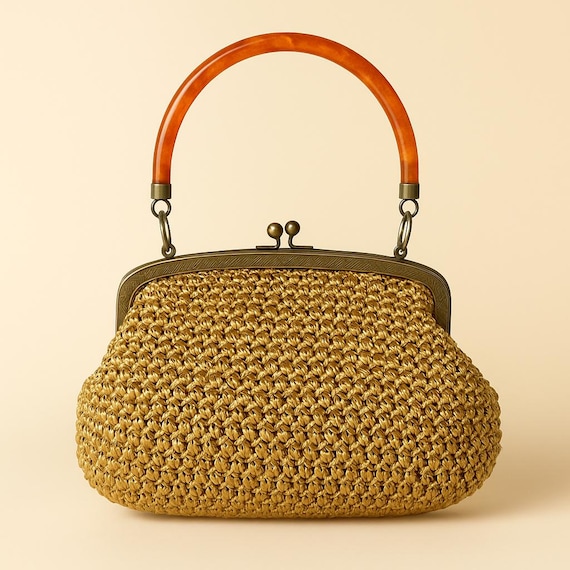 1960s Vintage Woven Handbag With Orange Lucite Handle Mid Century