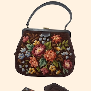 Vintage Floral Needlepoint Faux Leather Handbag Gold-Tone  Vintage Floral Needlepoint Frame Handbag with Brown Faux Leather Trim main image 1