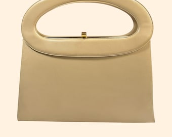 Jaren 60 vintage Dover Taupe Mod Handtas Oversized Handvat Portemonnee Half Eeuw Gestructureerde Tas Halverwege de Eeuw