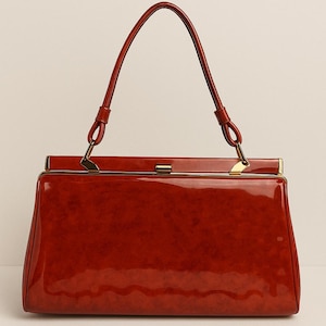 Vintage Red Marbled Patent Handbag 1960s Mod Top Handle Purse Structured Retro Satchel