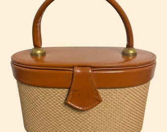 1950s 1960s Cognac Tan Woven Oval Box Bag Faux Leather Lid Mirror Inside Vintage Top Handle Purse Mid Century