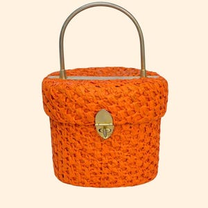 1960s Vintage Orange Woven Raffia Handbag Simon Made in Italy Structured Top Handle Purse