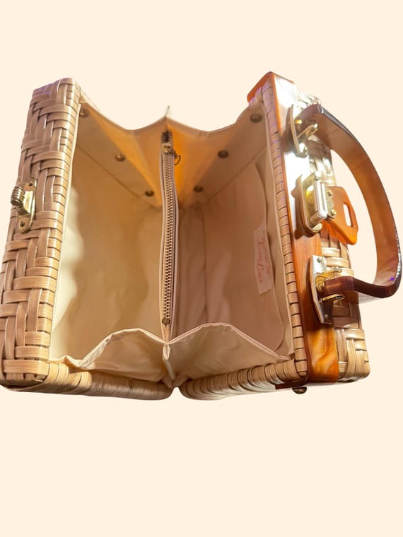 1960s Tan Brown Wicker Box Purse Hong Kong Lesco Lona Lucite