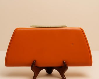 1960s Vintage Orange Clutch Purse Gold Frame Mid Century Handbag
