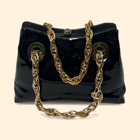 1960s Lewis Vintage Black Patent Handbag With Gold Chain Handles