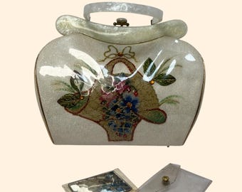 1960s Bagby for Rialto Lucite Handbag, Floral Embroidered Vintage Purse