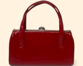 1960s Vintage Red Patent Leather Handbag Structured Frame Mid Century Purse