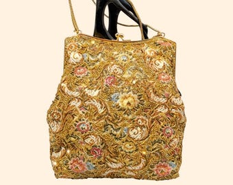 1960s Vintage Walborg Perlen Handtasche Gold Floral Mid Century Abend Formelle Geldbörse Hong Kong