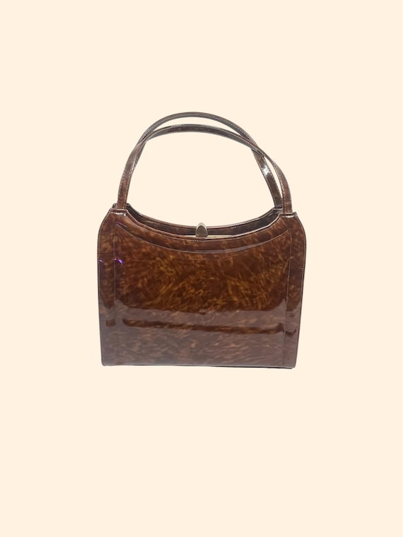 1960s Naturalizer Brown Tortoiseshell Patent Handbag Structured