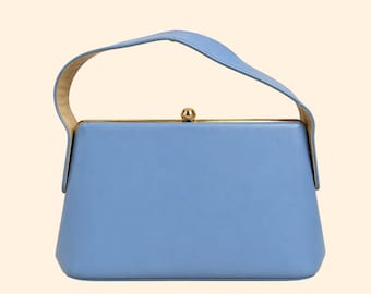 1960s blue handbag structured top handle purse gold frame clasp vintage pastel blue purse Mod