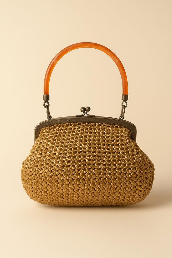 1960s Vintage Woven Handbag With Orange Lucite Handle Mid Century