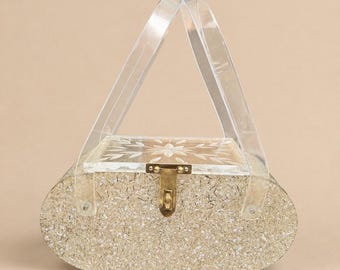 1950s Lucite Glitter Purse Gold Confetti Acrylic Handbag Carved Floral Lid Vintage Box Bag