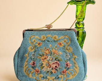 1950s 1960s blauwe bloemen borduurtas Petit Point portemonnee Frans geïnspireerde lijsttas