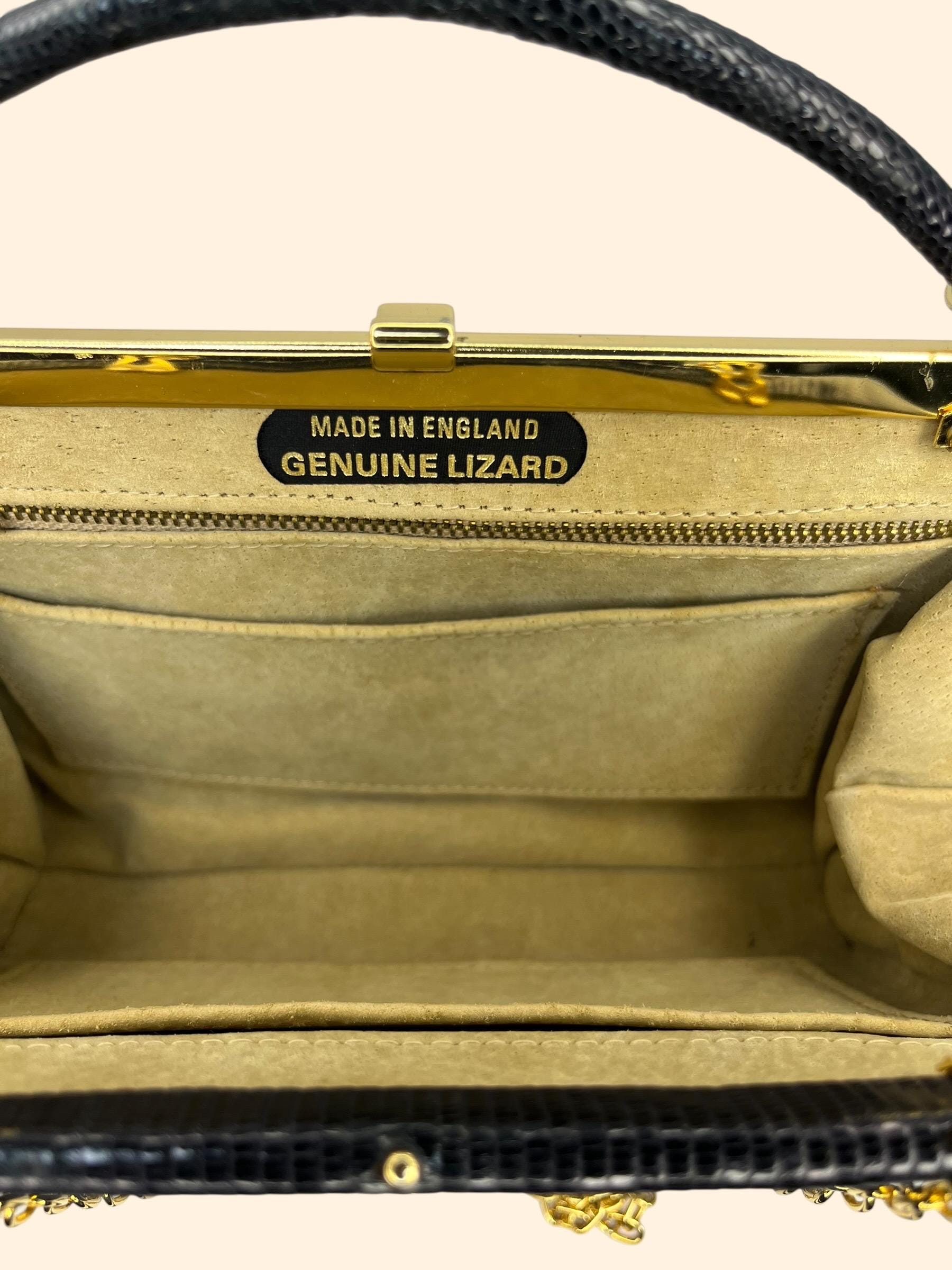 1960s Vintage Black Genuine Lizard Handbag Made in England Gold