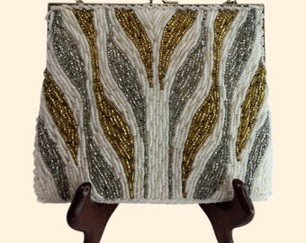 Borsa da sera vintage anni '60 con perline: pochette vintage oro, argento e bianca