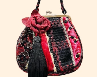 Vintage Floral Plaid Handbag: Romantic Rose & Tassel Purse