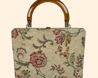1950s 1960s Vintage Floral Tapestry Handbag Lucite Handle Structured Frame Purse