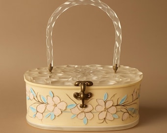 1960s Vintage Lucite Handbag Floral Applique Cream Box Purse with Carved Handle