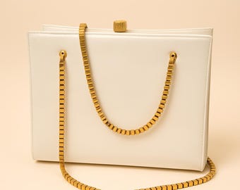 1960s Coblentz Original White Patent Leather Handbag Gold Chain Handle Vintage Purse.