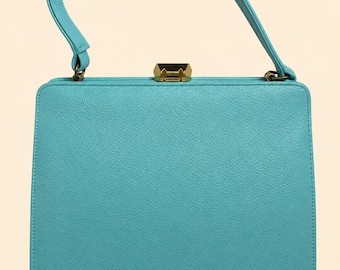 1950s 1960s Vintage Turquoise Blue Structured Handbag – Mid Century Box Purse Gold Tone Clasp