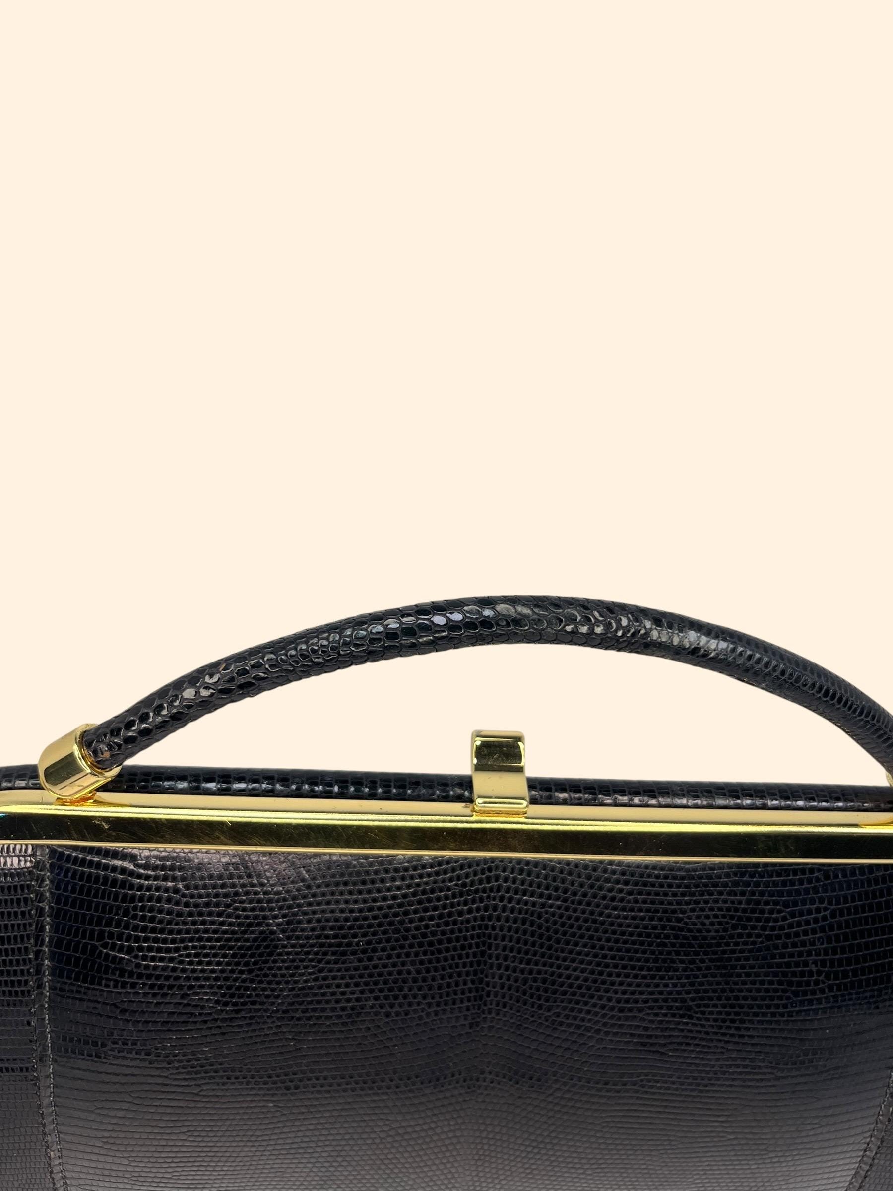 1960s Vintage Black Genuine Lizard Handbag Made in England Gold